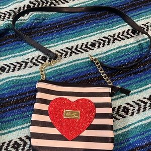Betsey Johnson Black & White Striped Glitter‎ Heart Crossbody